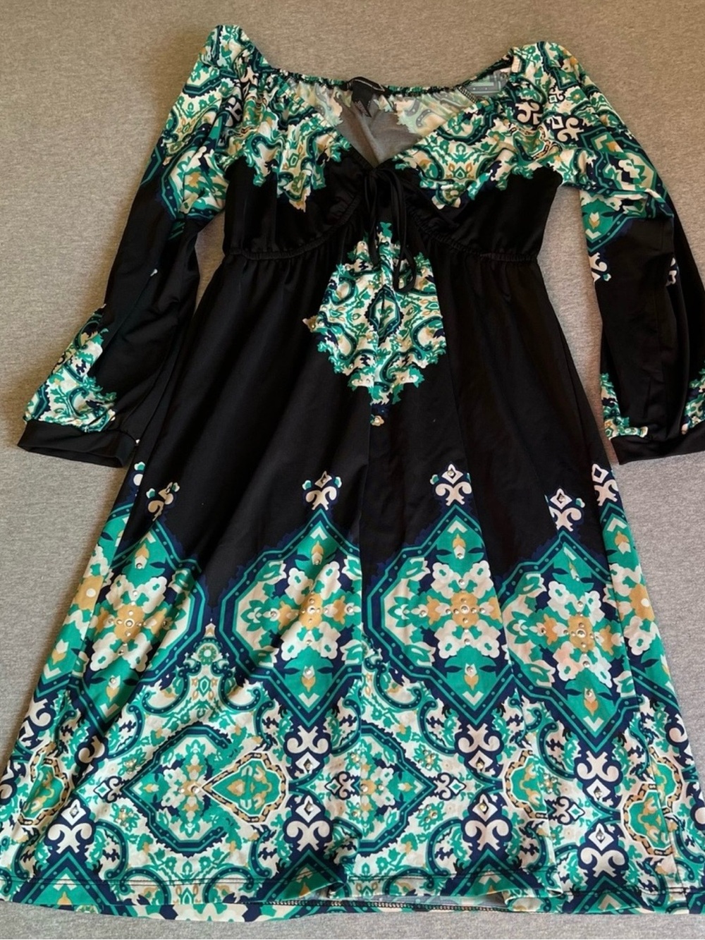 INC International Concepts Black Dress with Teal, Navy and White Paisley